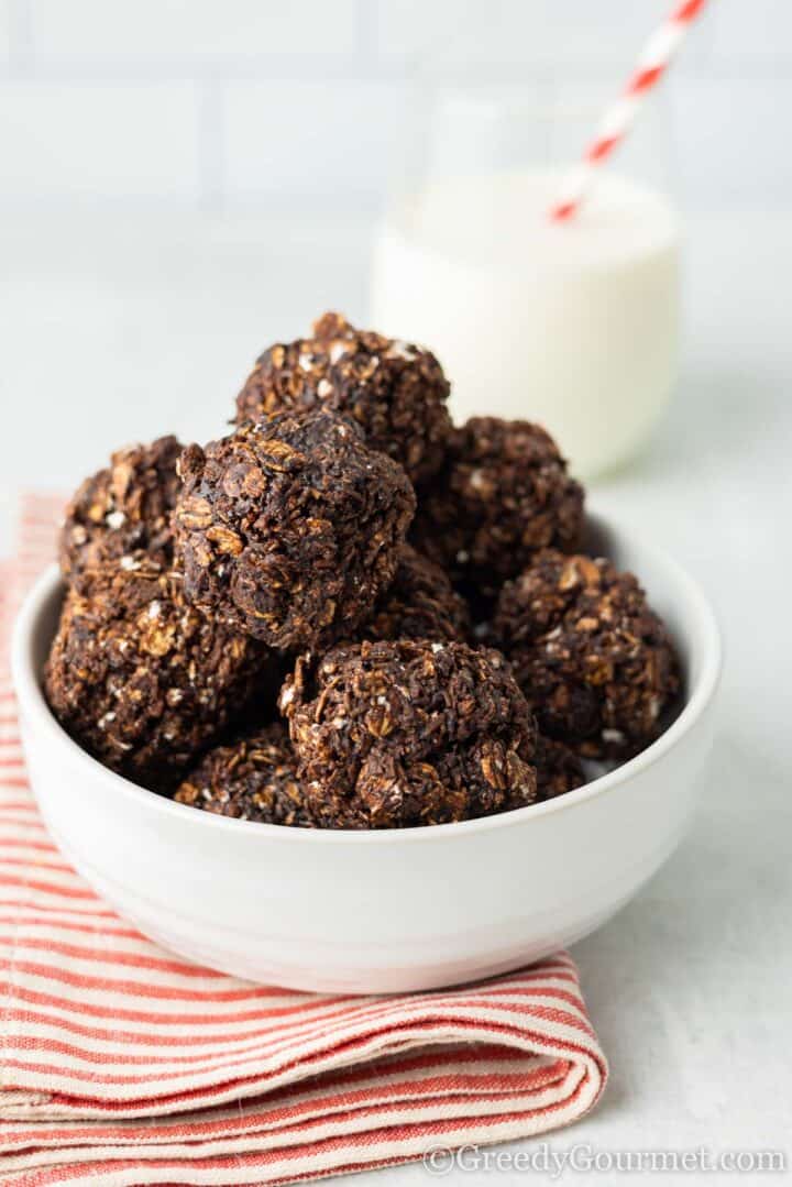 Chocolate Coconut Clusters piled in a bowl.