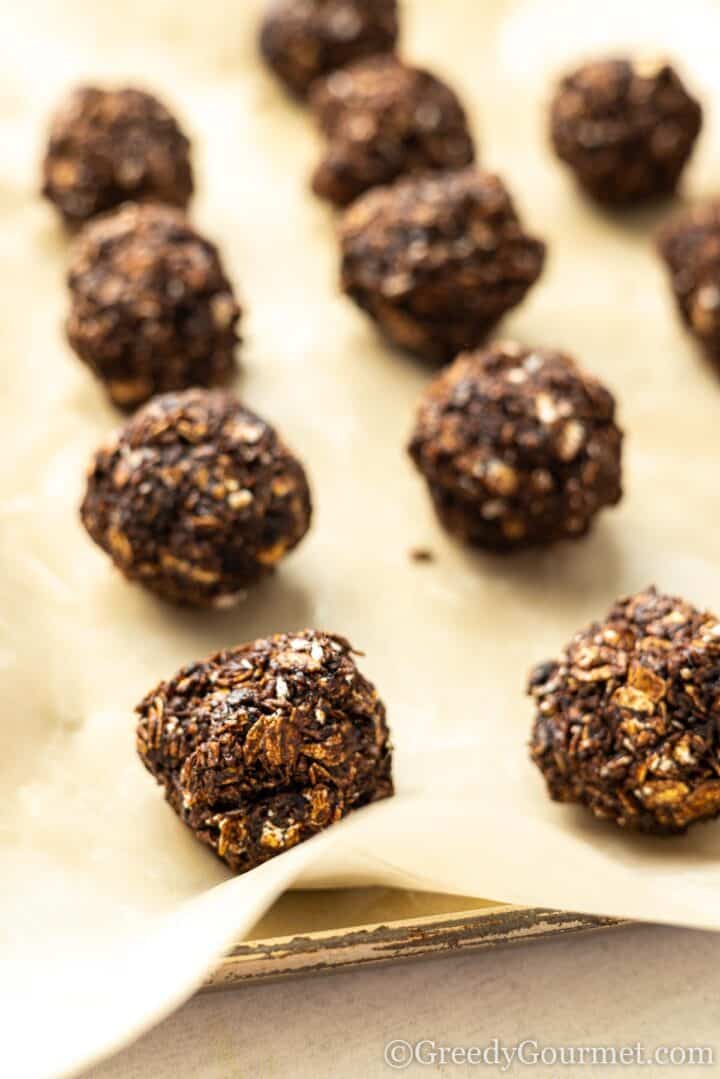 Chocolate Coconut Clusters on cooling tray.