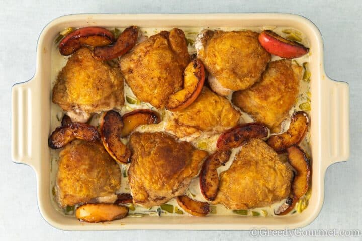 Normandy chicken ready to go into the oven.