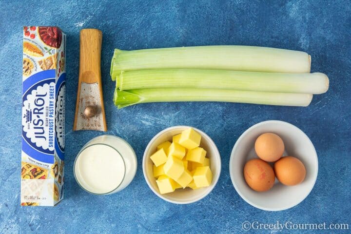 Ingredients for creamy leek tart.