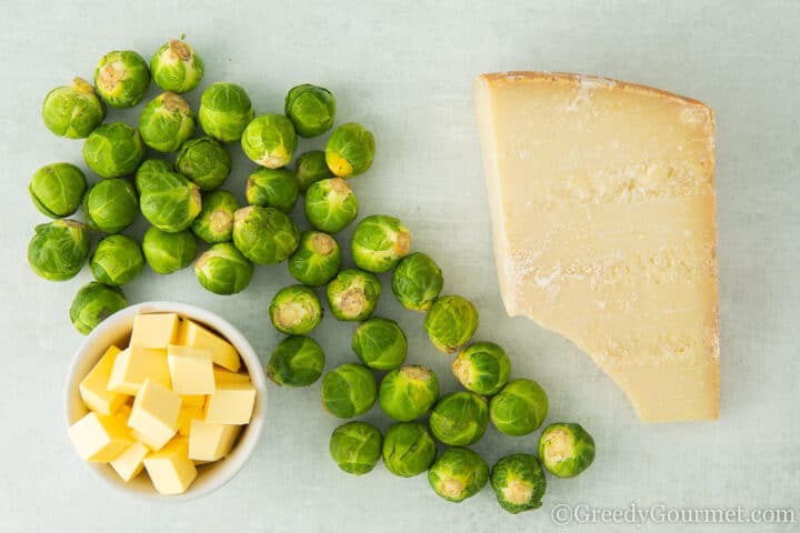 Ingredients for roasted parmesan brussels sprouts.