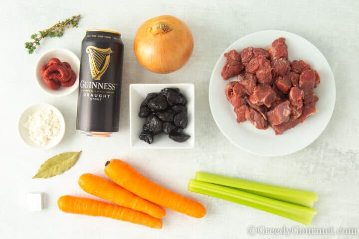 ingredients for beef and Guinness stew.