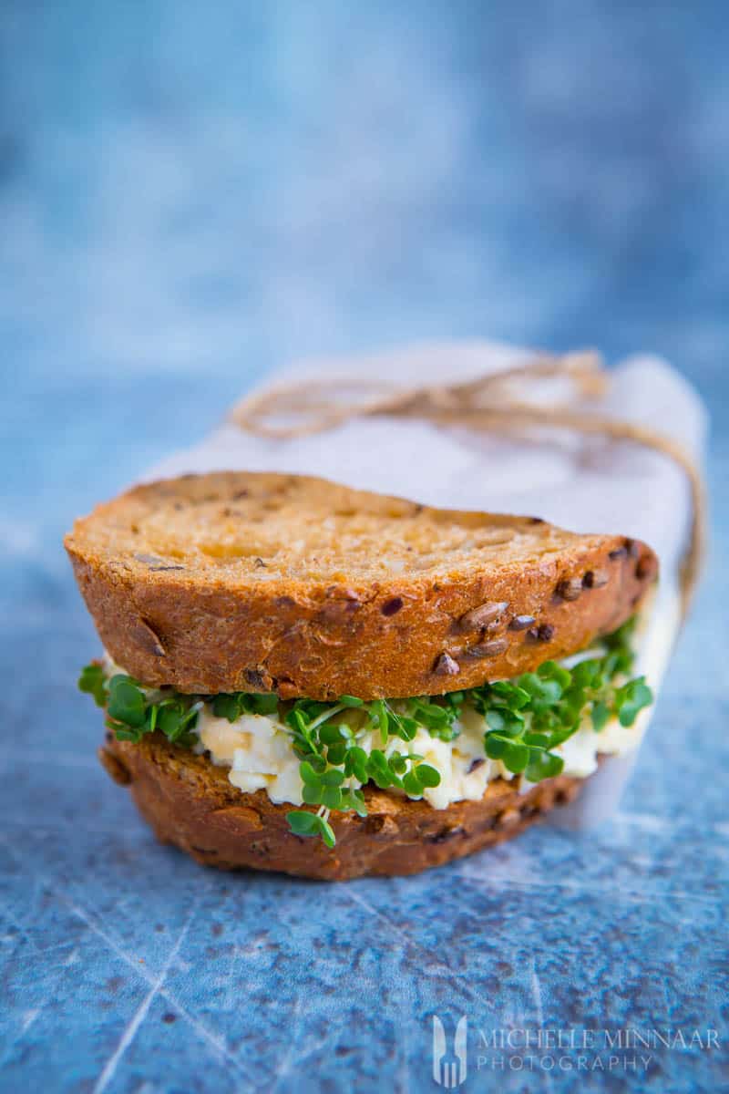 egg and cress sandwich, brown bread with egg and watercress