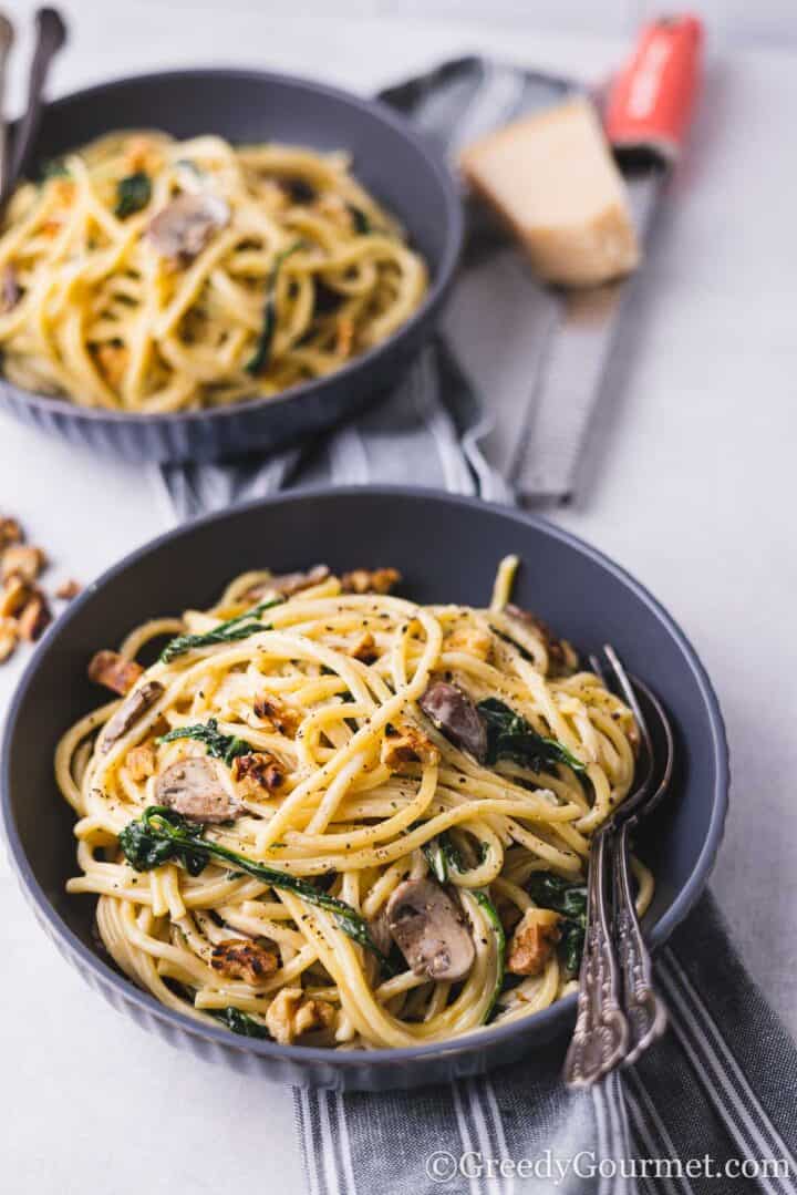 Blue Cheese Pasta served in a black bowl.