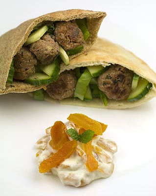 Cumin Lamb Meatball Pitas with Mint & Apricot Dressing