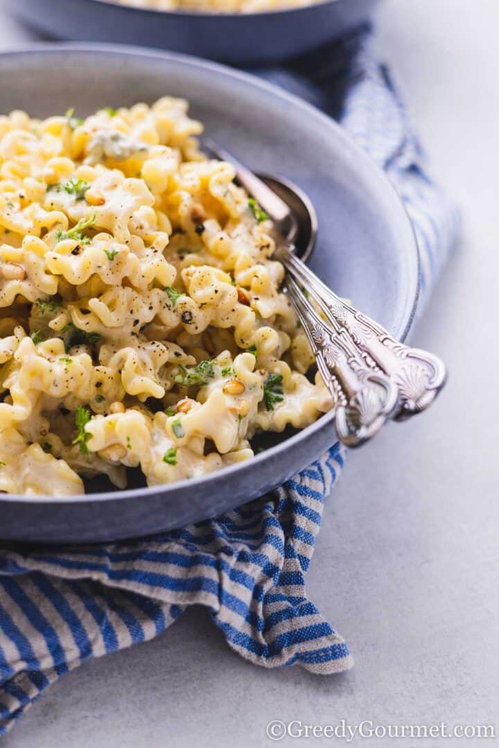 pasta in a blue bowl.