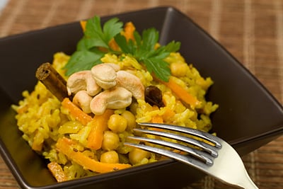 Spiced Chickpea, Carrot, Raisin & Cashew Rice Pilaf