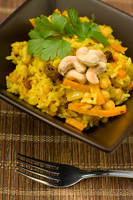 Spiced Chickpea, Carrot, Raisin & Cashew Rice Pilaf