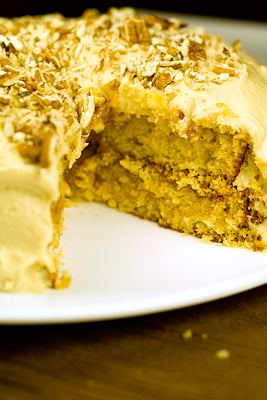 Caramel Coconut Cake with Caramel Butter Frosting & Pecans