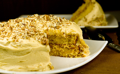 Caramel Coconut Cake with Caramel Butter Frosting & Pecans
