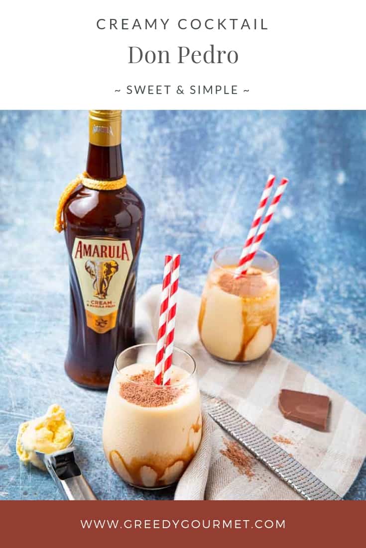 A complete don pedro recipe, one bottle of Amarula, and two don pedro drinks