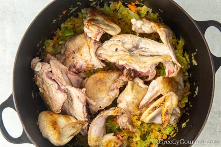 add chicken to mirepoix.