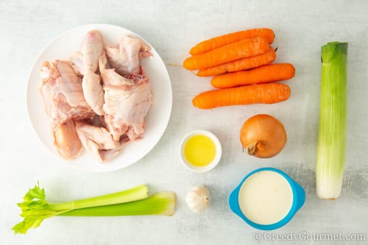 Ingredients for chicken carcass soup.