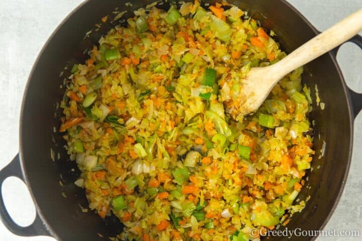 frying mirepoix.