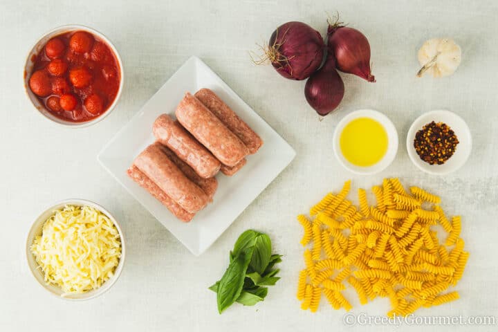 ingredients for sausage pasta bake.