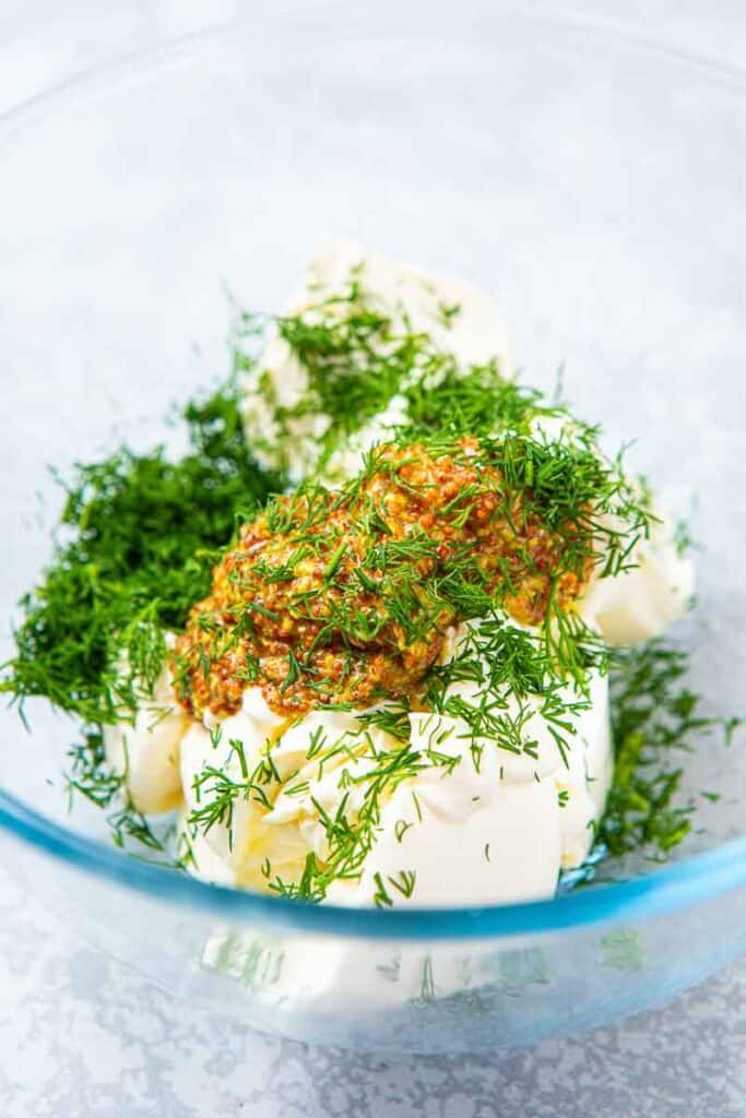 Creme fraise and fresh herbs for the stuffing of a smoked salmon terrine,