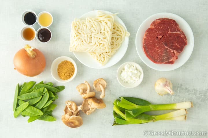 ingredients for beef yaki udon.