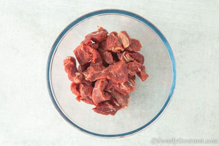 Sliced pieces of rump steak.