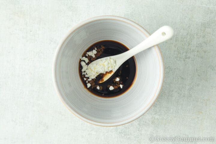 soy sauce and cornflour in a bowl.