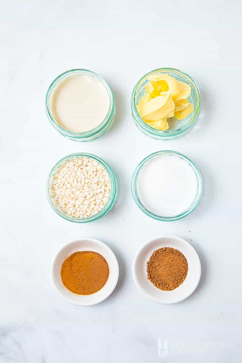 Ingredients to make rice pudding