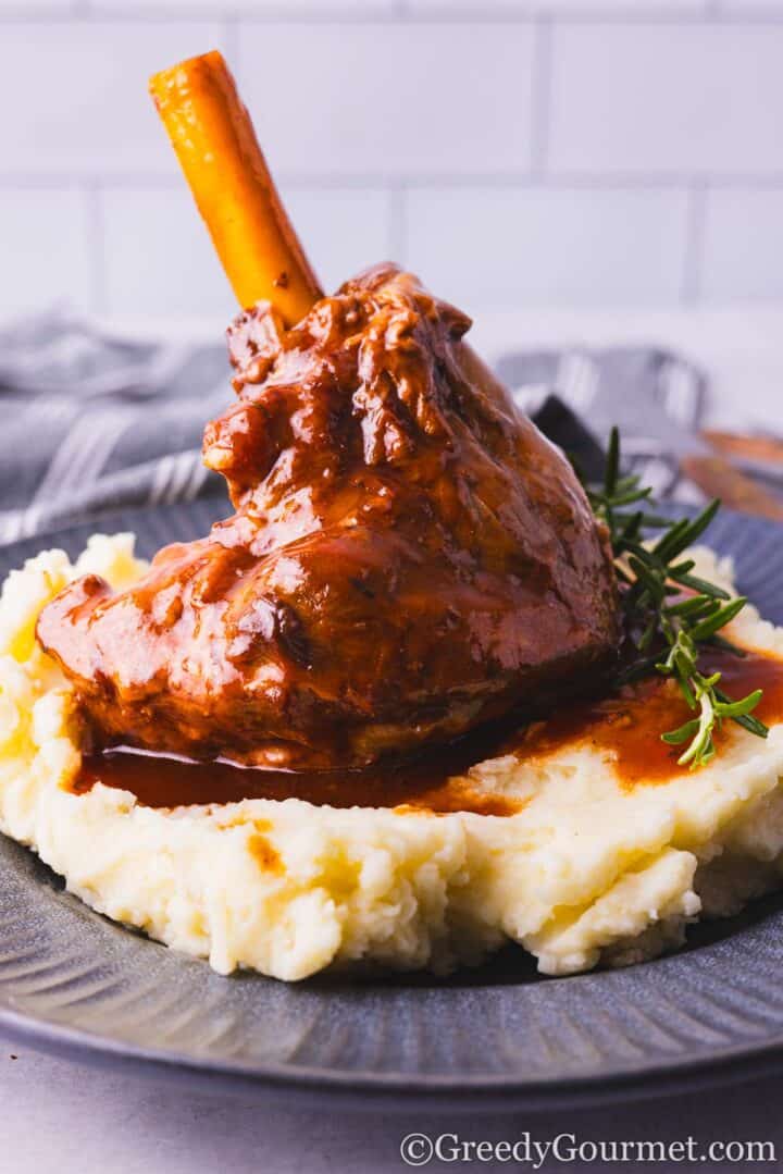 Lamb shank of mash potato.