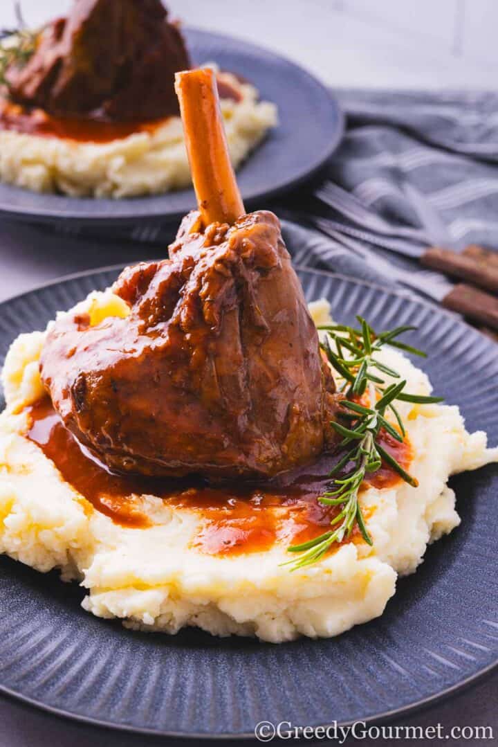 Lamb shank of mash potato.