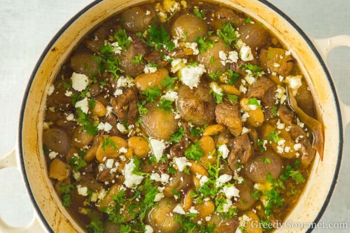 sprinkled feta and parsley over lamb stew.