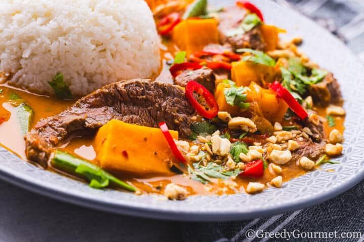Thai Red Beef Curry served with rice.