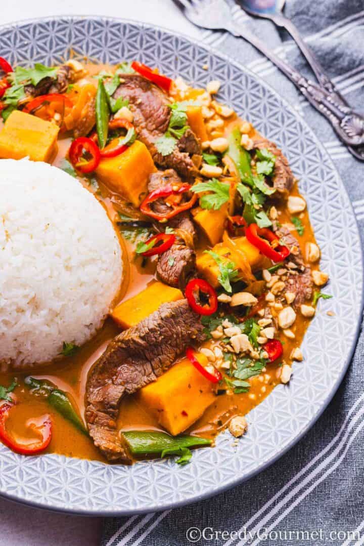 Thai Red Beef Curry served with rice.