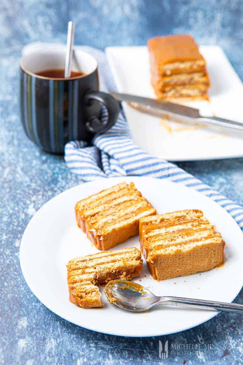 Slices of layered no bake biscuit cake