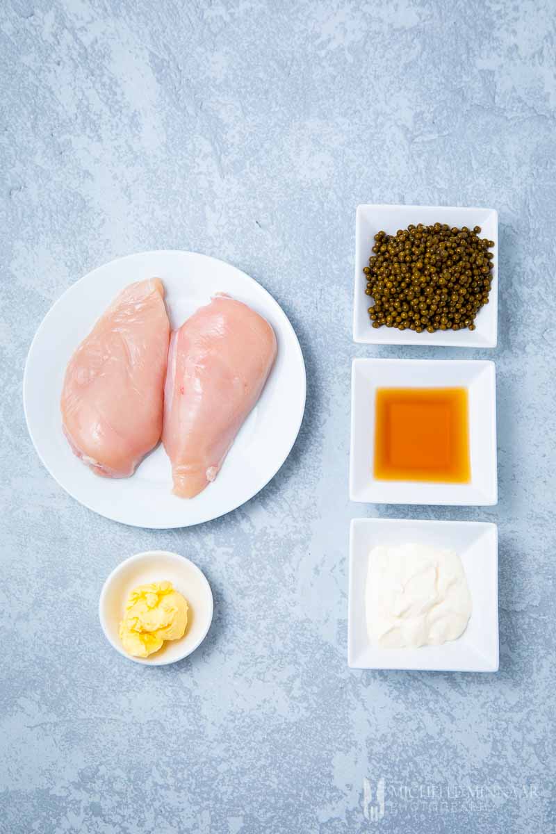 Ingredients to make peppercorn chicken Breasts Pepper Corns Cremefraiche Butter