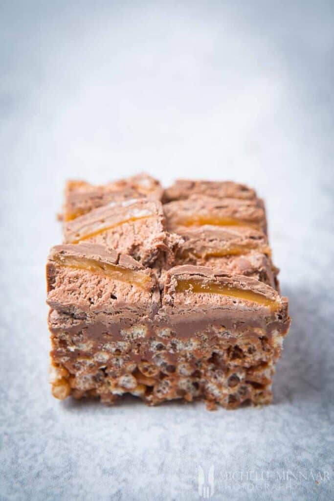 A cross section of a chocolate mars bar cakes