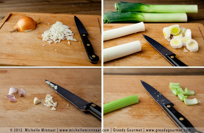 Chopped Onions, Leeks, Garlic & Celery for Leek & Potato Soup