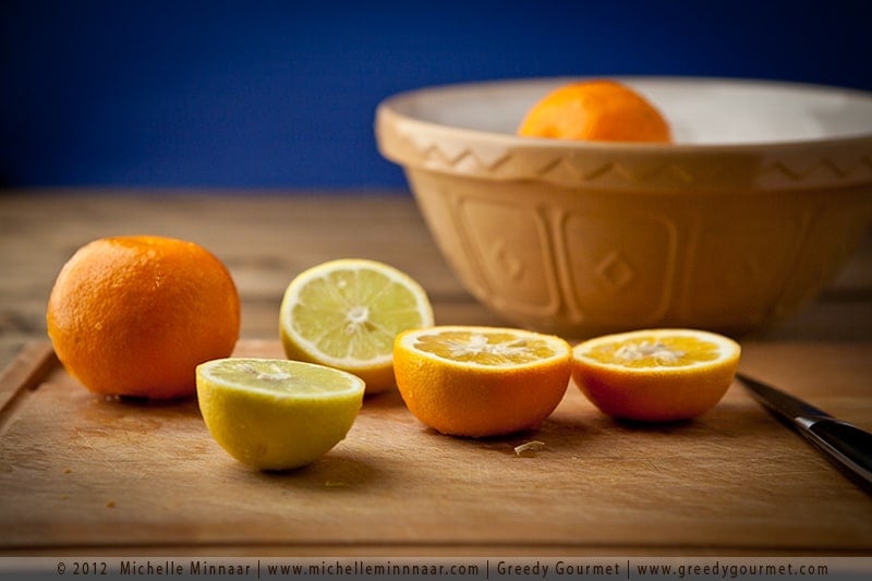 Squeeze all the juice out of the lemons and oranges