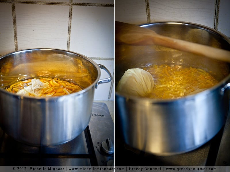 Simmer the citrus peels, juice and muslin bags