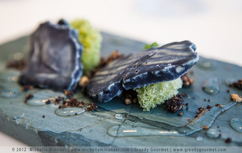 Pear, lemon verbena and hazelnut on top of Cumbrian slate