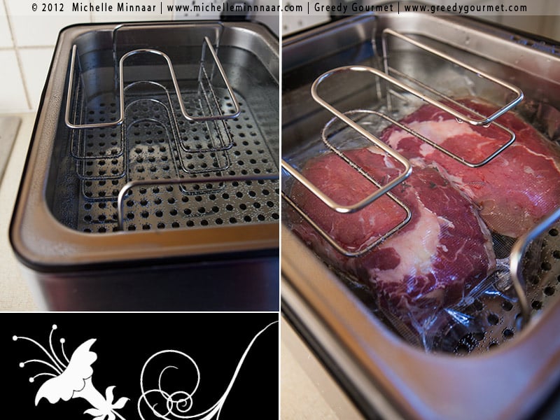 Steaks go into the heated water bath Steaks go into the heated water bath
