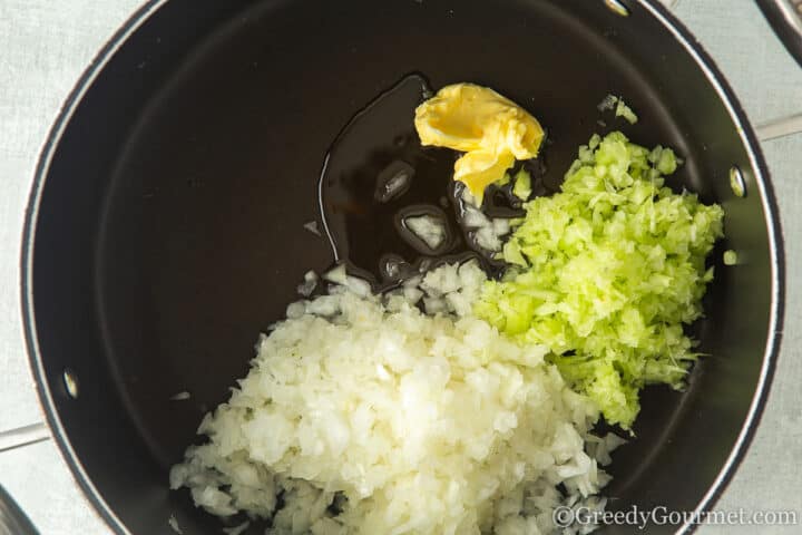 oil, onion, celery and butter in a large pot.