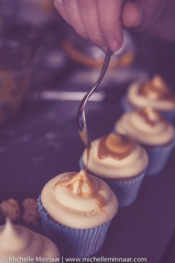 Drizzling cupcakes with caramel
