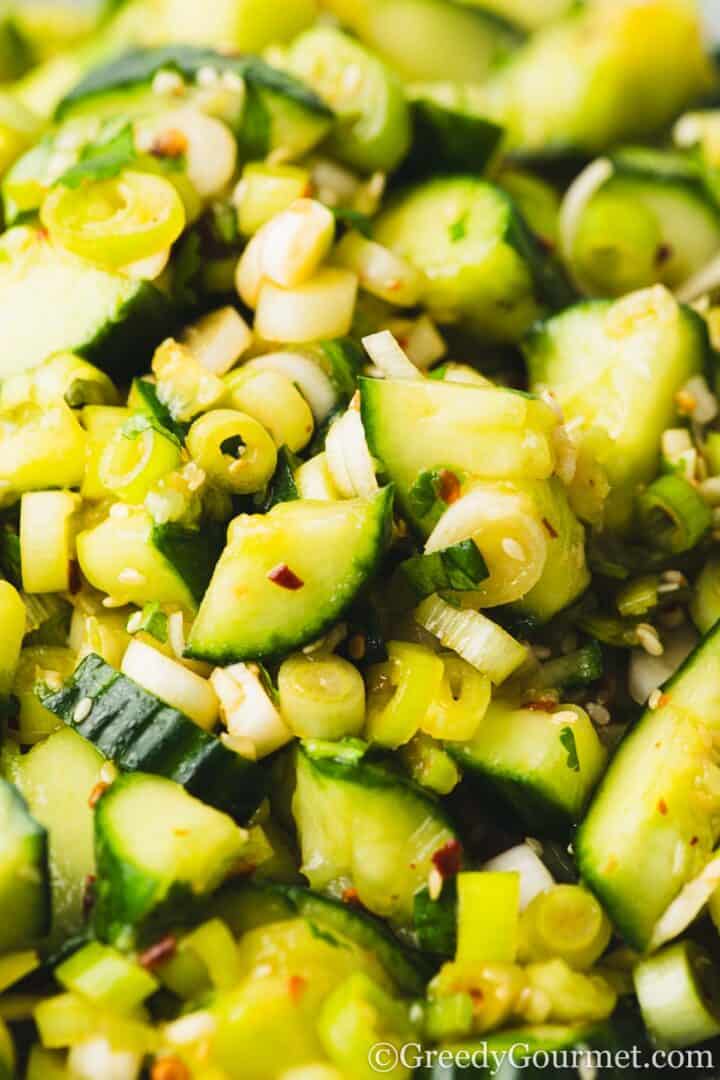 Smashed cucumber salad closeup.