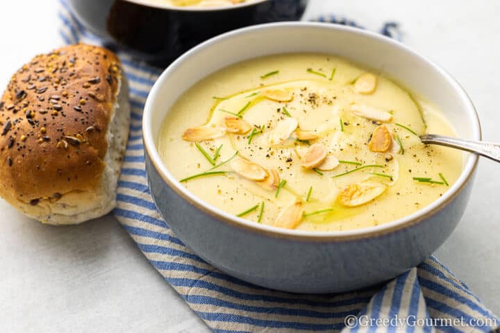 bowl of soup and fresh bread.