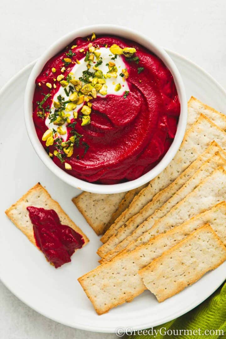 beetroot dip with crackers.