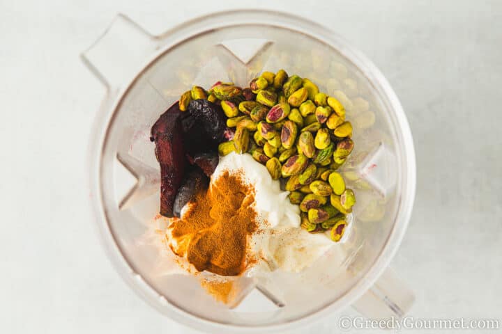 beetroot, pistachios, yogurt and cinnamon in a blender.