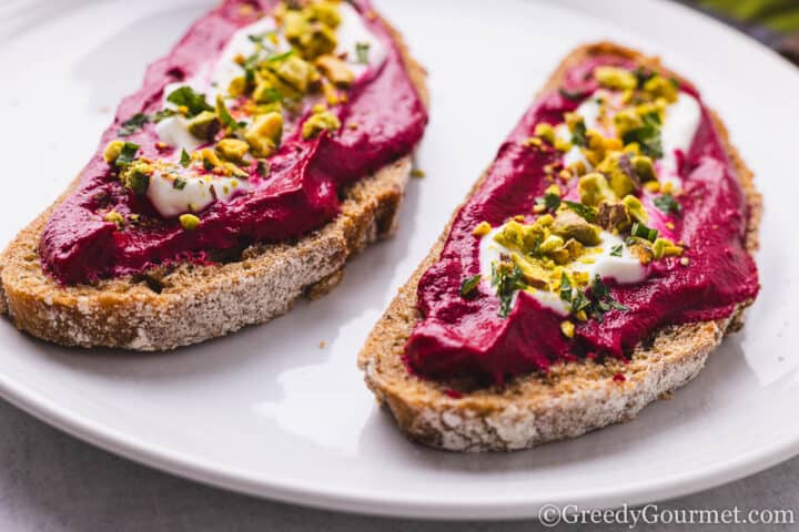 beetroot dip on bread.