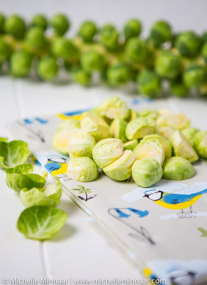 Halved, whole and peeled brussels sprouts