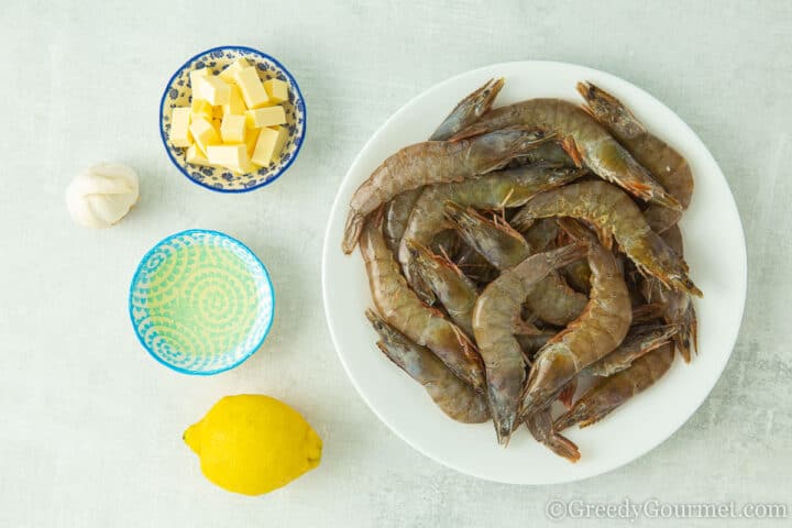 Ingredients for pan fried garlic butter prawns.