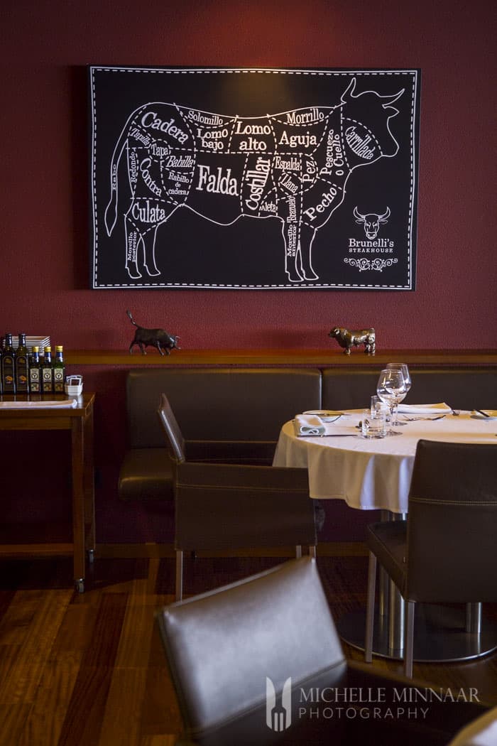 The interior of Brunelli's Steakhouse, a rendering of parts of a cow and red wall 