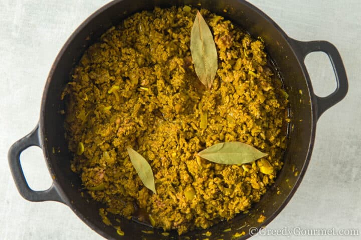 browned mince and bay leaves.