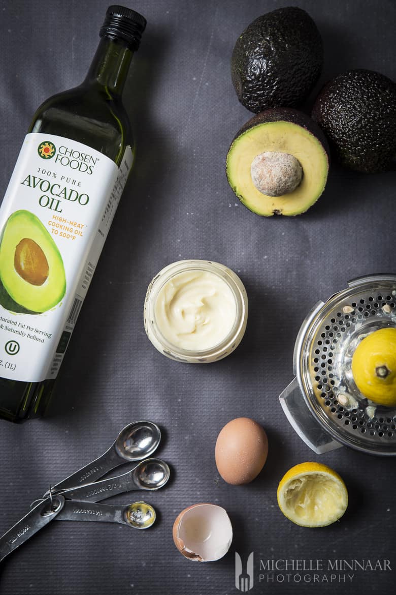 A bottle of avocado oil and the jar of mayo