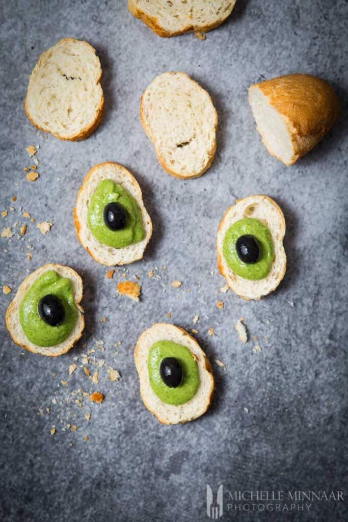 Olive Crostini Avo Pesto